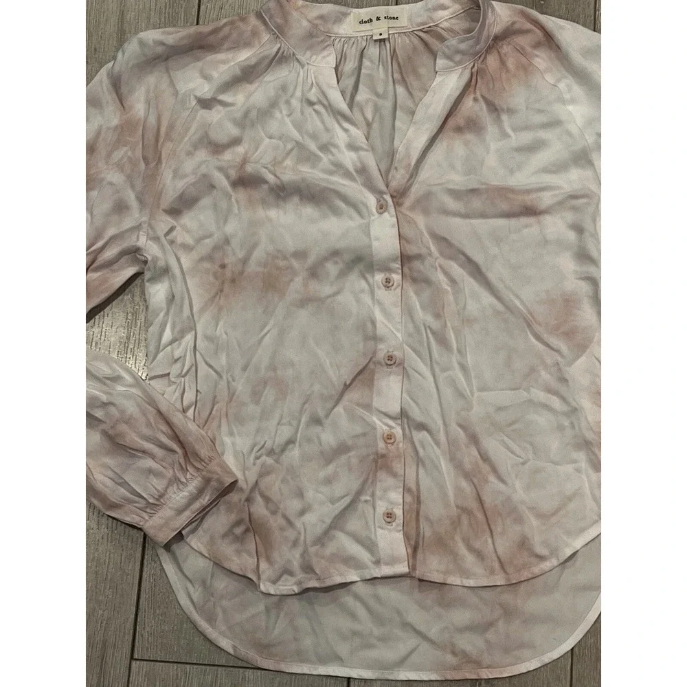 Cloth & Stone Blouse Women Small Pink White Tie Dye EcoVero Button Up Boho Flowy